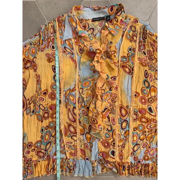 Essentials by Milano 1X Ruffle Sheer Boho Blouse Lace Trim Crinkle Top - Picture 4 of 7